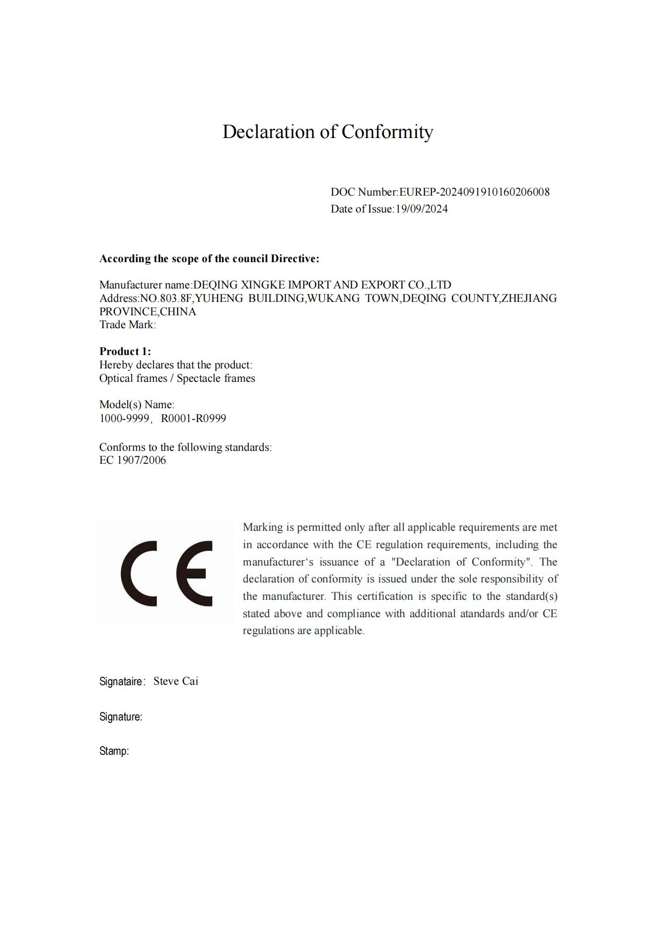 Declaration of Conformity and EU Representative Agreement